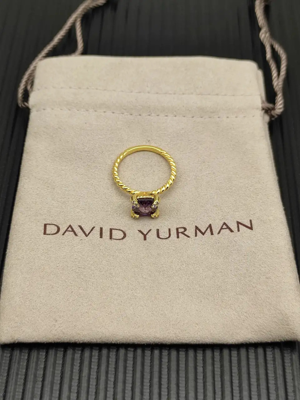 David Yurman Gold Ring with Purple Diamond Center Prong